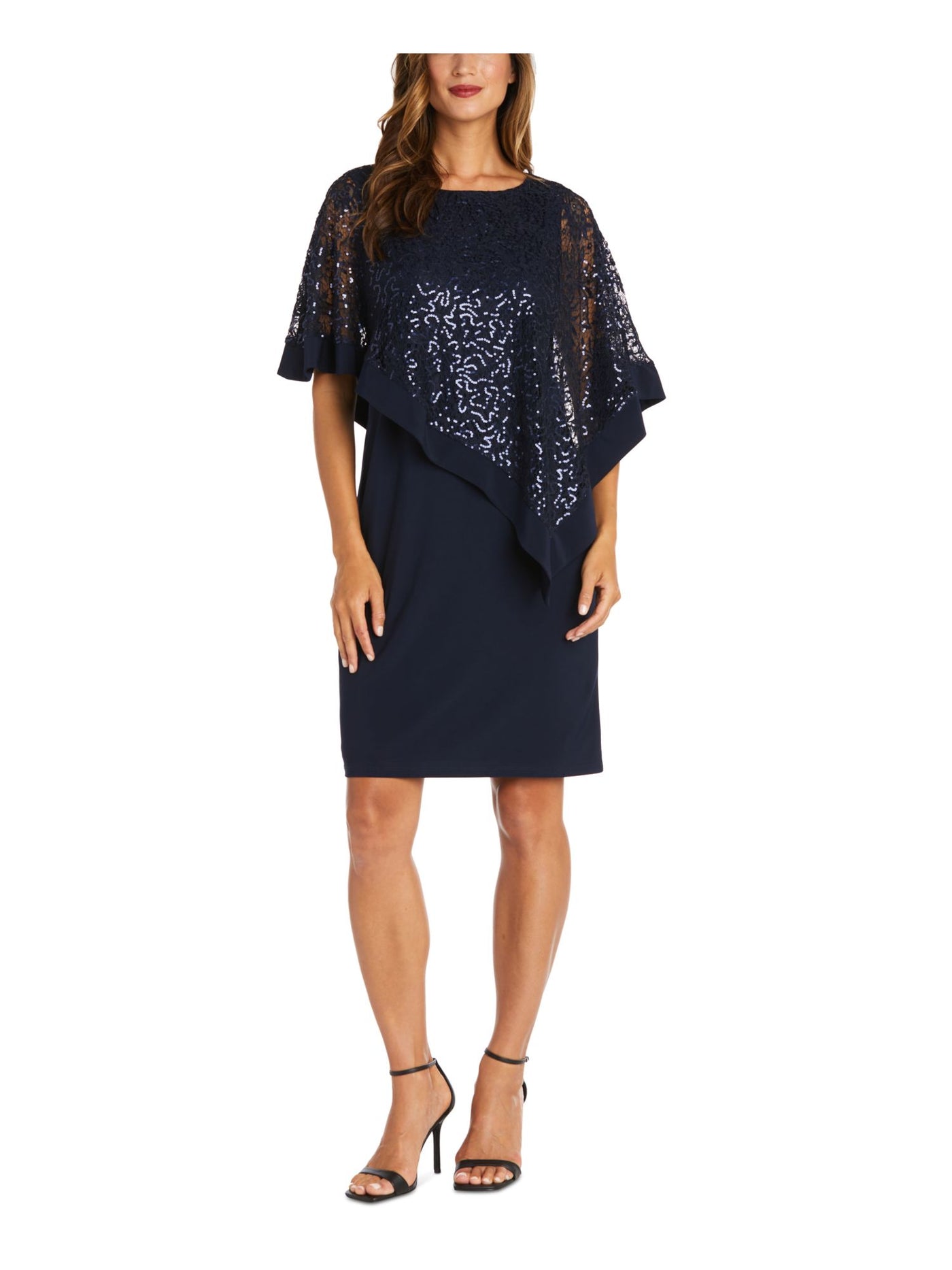 R&M RICHARDS Womens Navy Lace Sequined Cape Overlay Sleeveless Round Neck Above The Knee Formal Sheath Dress 6