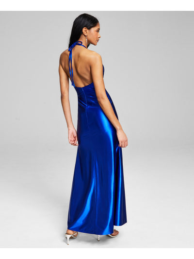 BLONDIE NITES Womens Blue Slitted Zippered Sleeveless V Neck Full-Length Evening Gown Dress Juniors 0