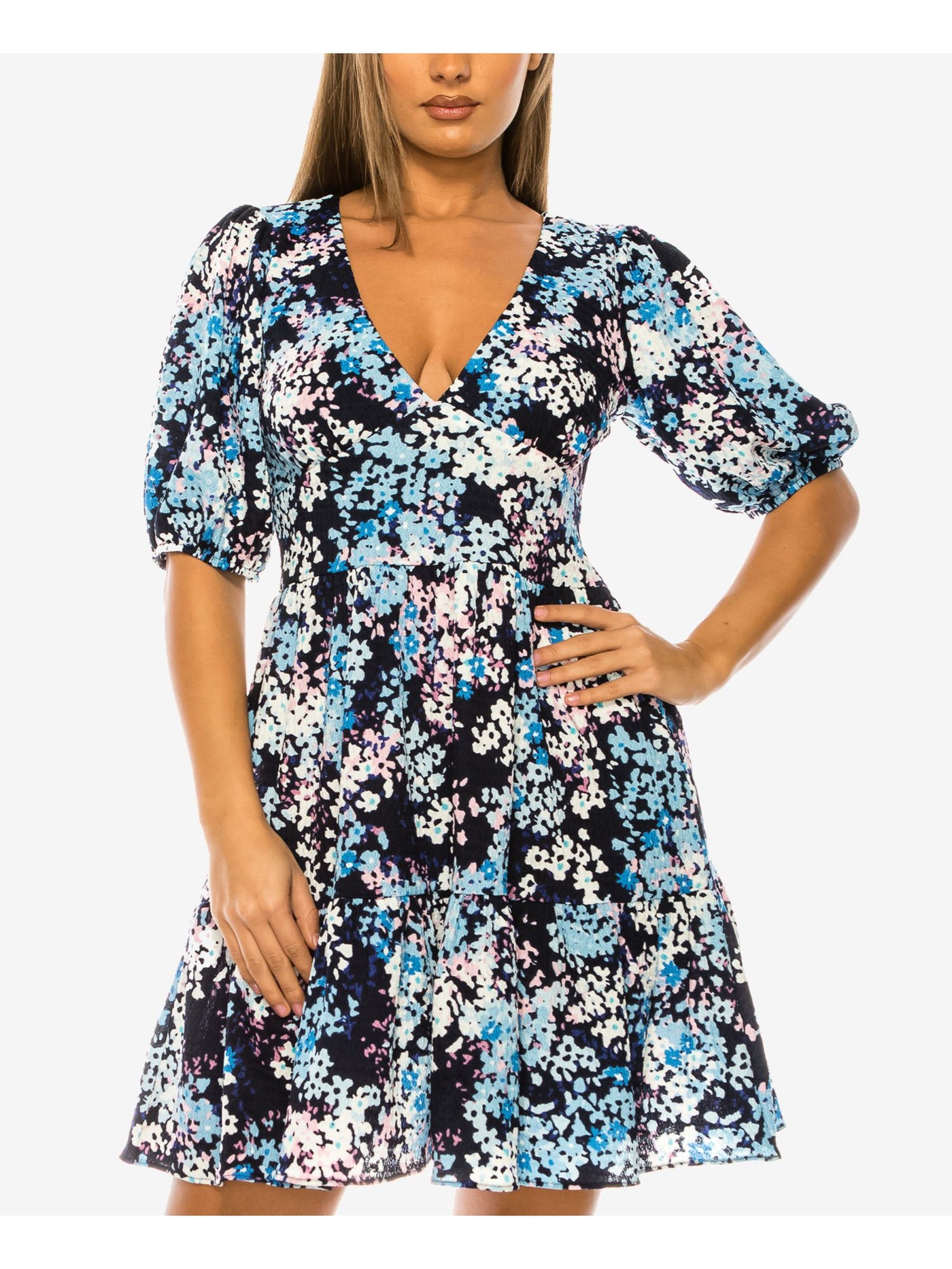 B DARLIN Womens Navy Printed Pouf Sleeve V Neck Above The Knee Party A-Line Dress Juniors 11\12