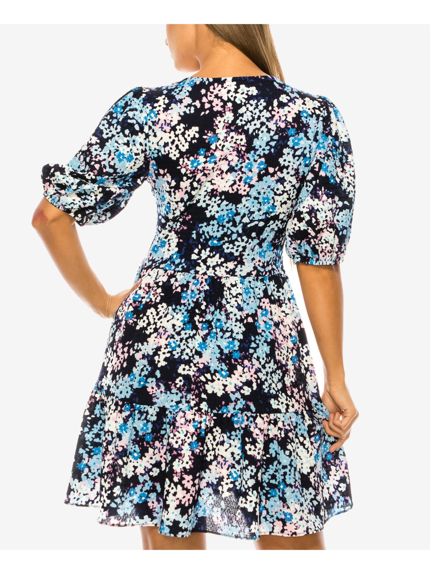 B DARLIN Womens Navy Printed Pouf Sleeve V Neck Above The Knee Party A-Line Dress Juniors 9\10