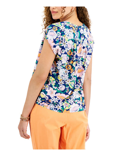 STYLE & COMPANY Womens Blue Pleated Floral Cap Sleeve Split Wear To Work Top Petites PS