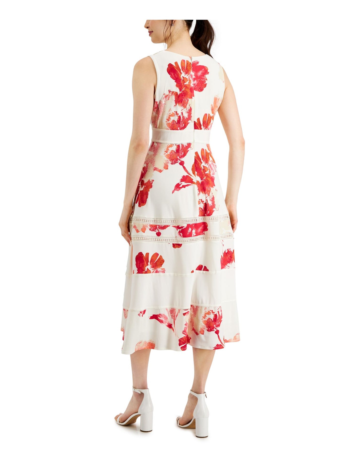 TAYLOR Womens Ivory Stretch Zippered Lace Trim Printed Sleeveless V Neck Midi Fit + Flare Dress 2