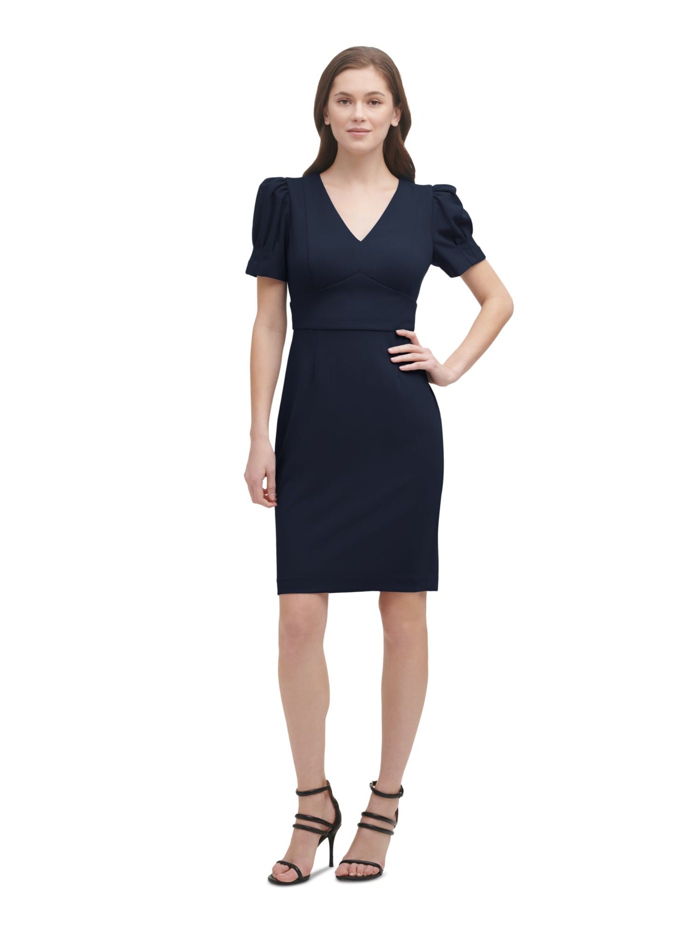 DKNY Womens Navy Stretch Pleated Zippered Unlined Scuba Crepe Pouf Sleeve V Neck Above The Knee Wear To Work Sheath Dress 8