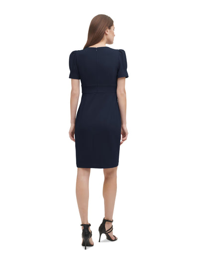 DKNY Womens Navy Stretch Pleated Zippered Unlined Scuba Crepe Pouf Sleeve V Neck Above The Knee Wear To Work Sheath Dress 8