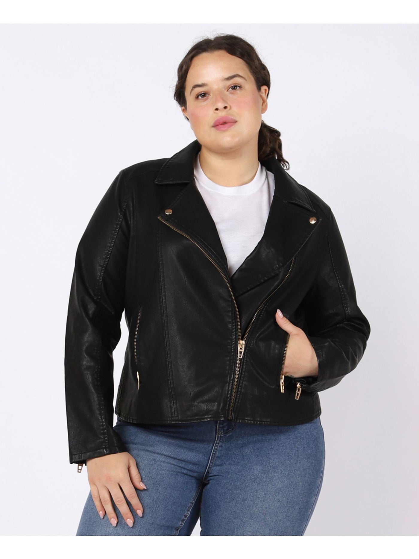 BLACK TAPE Womens Black Zippered Pocketed Notch Collar Detachable Hood Motorcycle Jacket Plus 1X