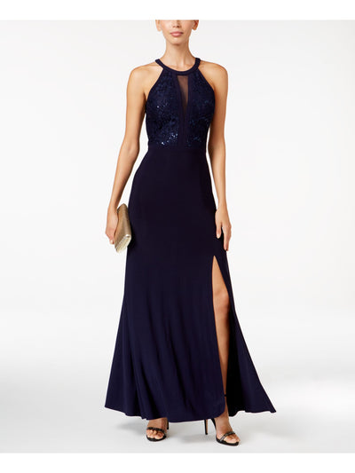 NIGHTWAY Womens Navy Sequined Lace Gown Halter Full-Length Evening Dress 6