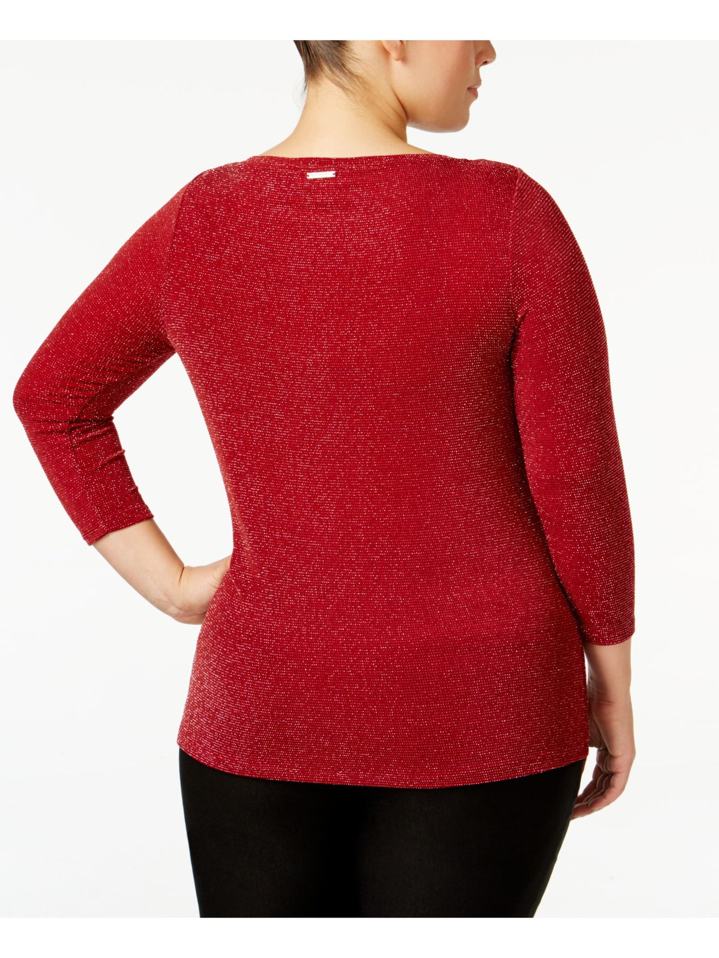 MICHAEL MICHAEL KORS Womens Red Stretch Metallic 3/4 Sleeve Boat Neck Sweater Plus 2X