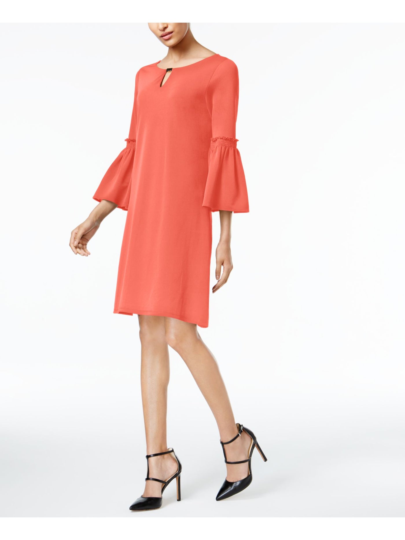 CALVIN KLEIN Womens Coral Ruffled Bell Sleeve Keyhole Knee Length Formal Shift Dress XS