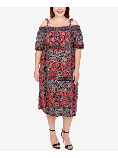LUCKY BRAND Womens Navy Stretch Smocked Pocketed Tie-shoulders Printed Elbow Sleeve Off Shoulder Midi Cocktail Peasant Dress Plus 2X