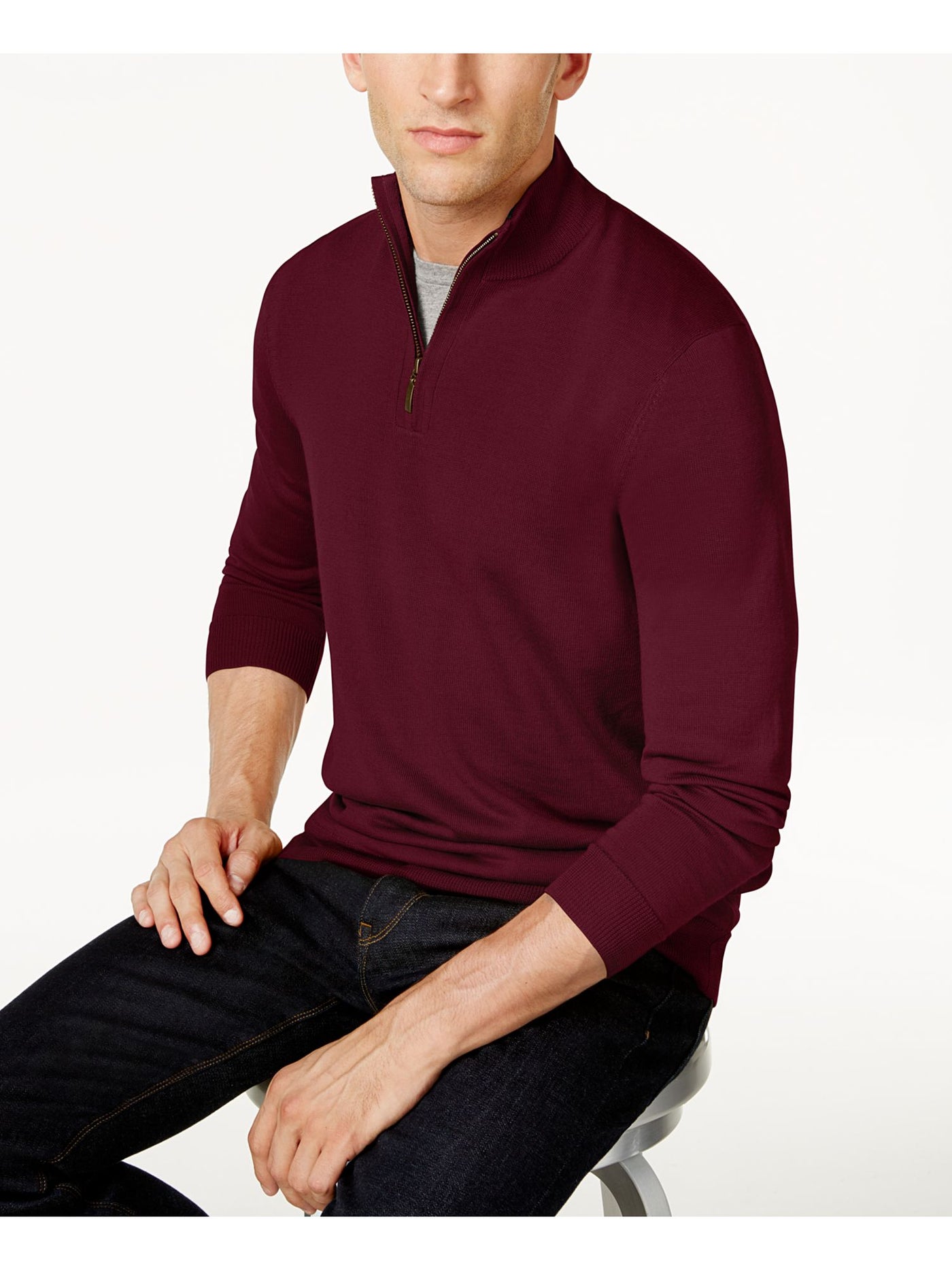 CLUBROOM Mens Maroon Mock Quarter-Zip Wool Blend Pullover Sweater S