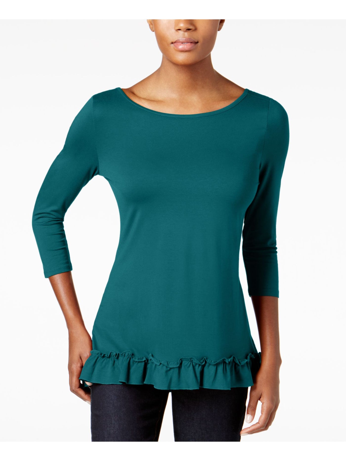 LOVE SCARLETT Womens Teal 3/4 Sleeve Jewel Neck T-Shirt Petites Size: PS