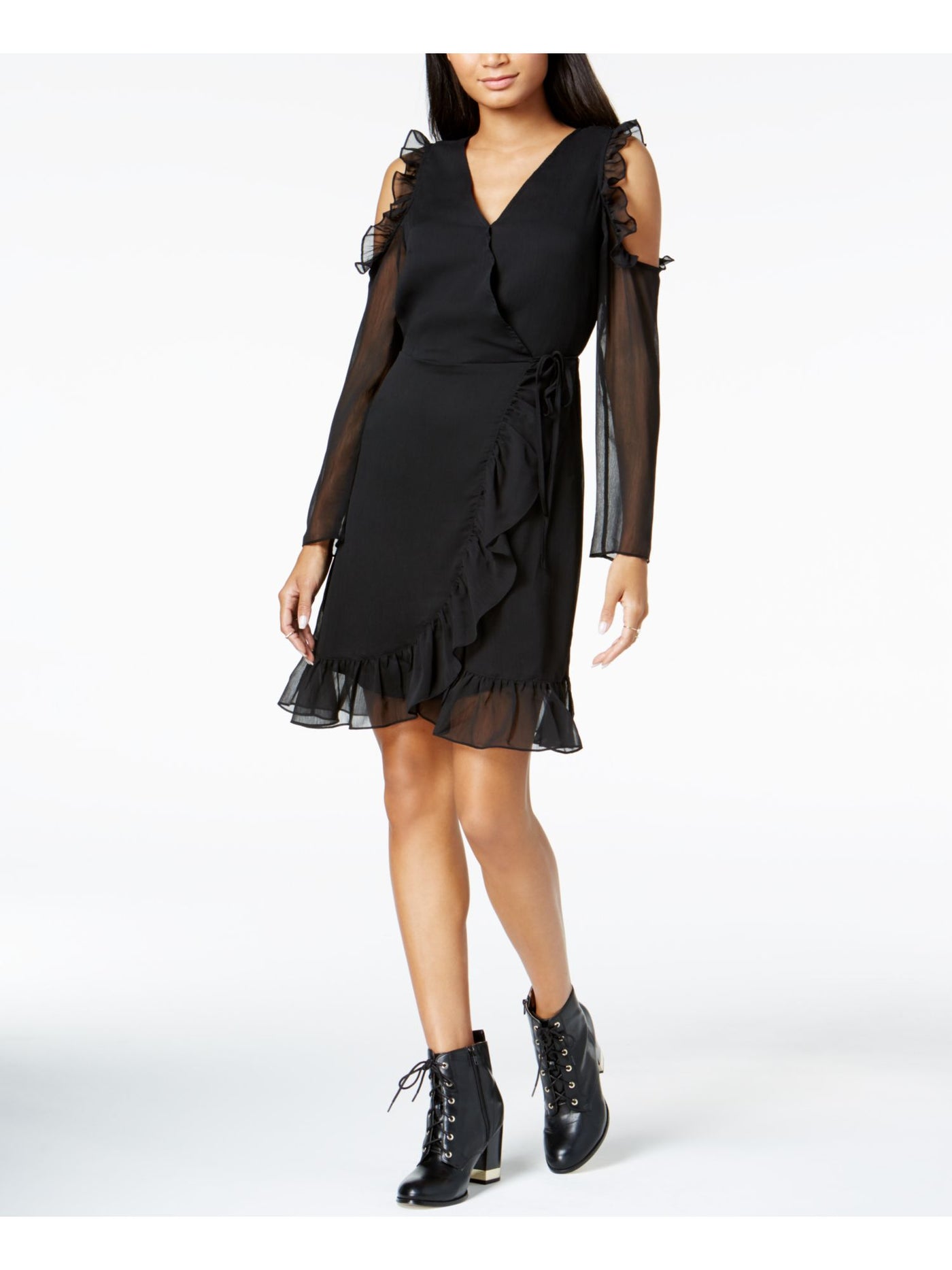 MAISON JULES Womens Black Long Sleeve Faux Wrap Cocktail Dress XXS