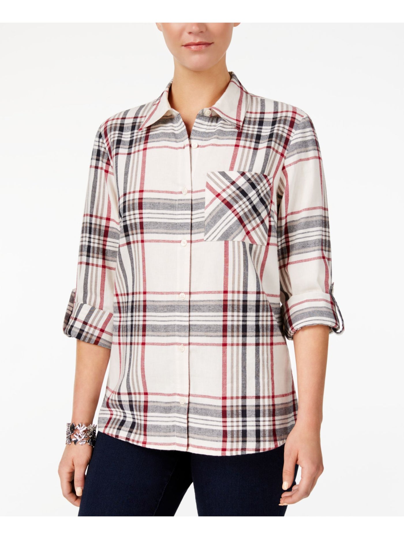 STYLE & COMPANY Womens Ivory Pocketed Plaid Roll-tab Sleeve Point Collar Button Up Top Petites PP