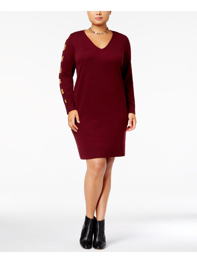 LOVE SCARLETT Womens Burgundy Ribbed Cut Out Long Sleeve V Neck Above The Knee Wear To Work Sweater Dress Plus 2X
