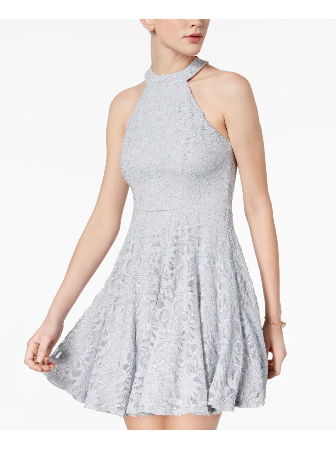 B DARLIN Womens Silver Nylon Lace Glitter Floral Sleeveless Halter Short Prom Fit + Flare Dress Juniors 1\2