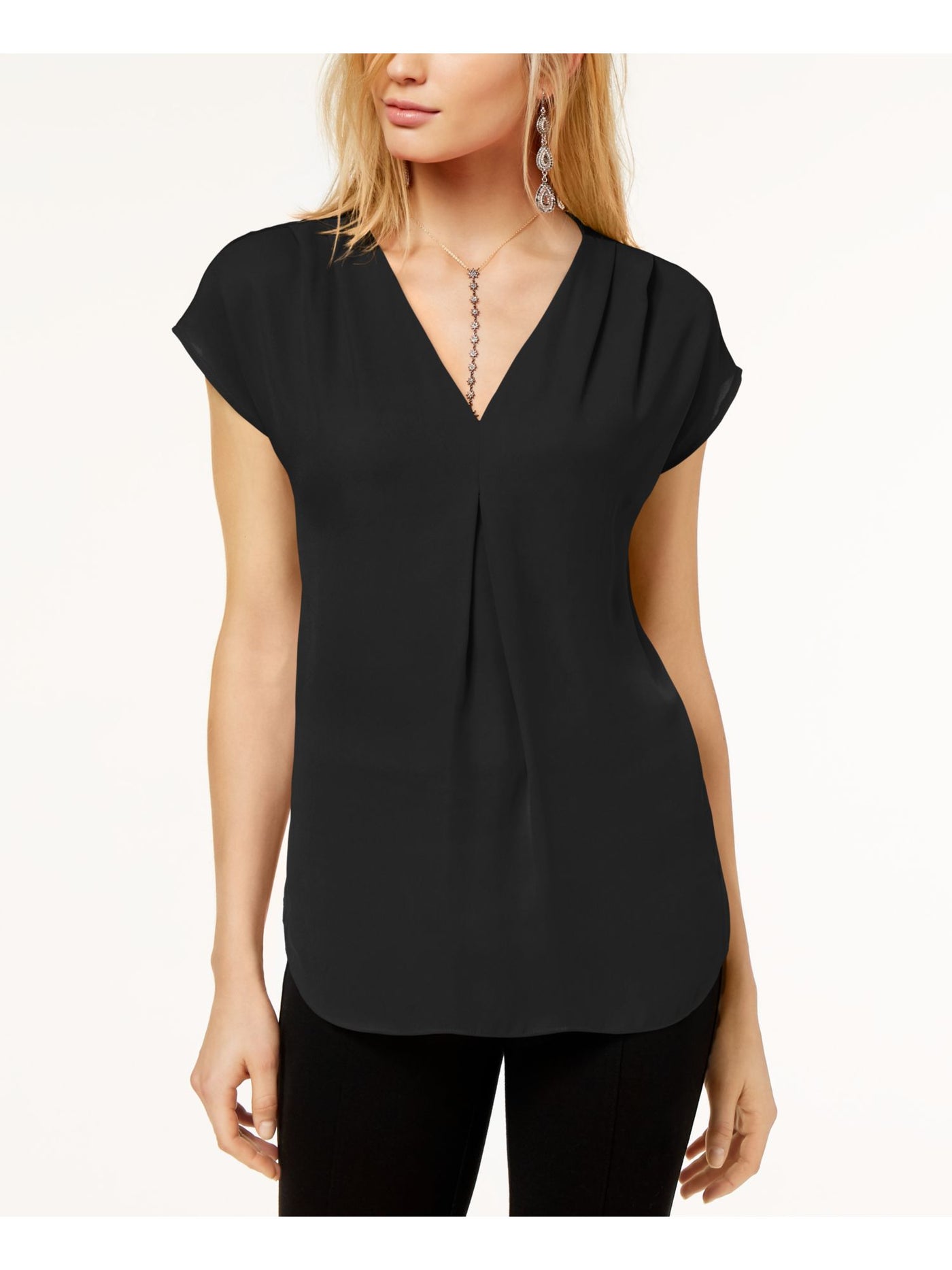 INC Womens Black Pleated Cap Sleeve V Neck Wear To Work Top Petites PS