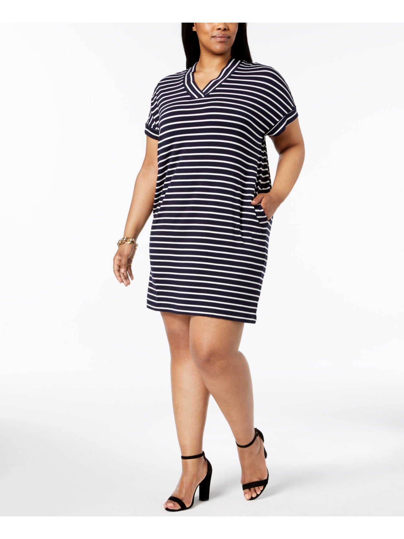 CALVIN KLEIN Womens Navy Stretch Pocketed Unlined Striped Short Sleeve V Neck Above The Knee Shift Dress Plus 0X