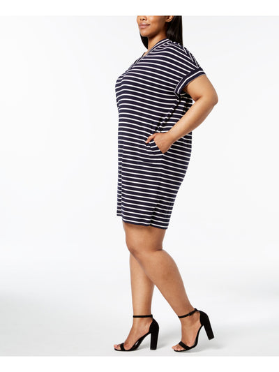 CALVIN KLEIN Womens Navy Stretch Pocketed Unlined Striped Short Sleeve V Neck Above The Knee Shift Dress Plus 0X