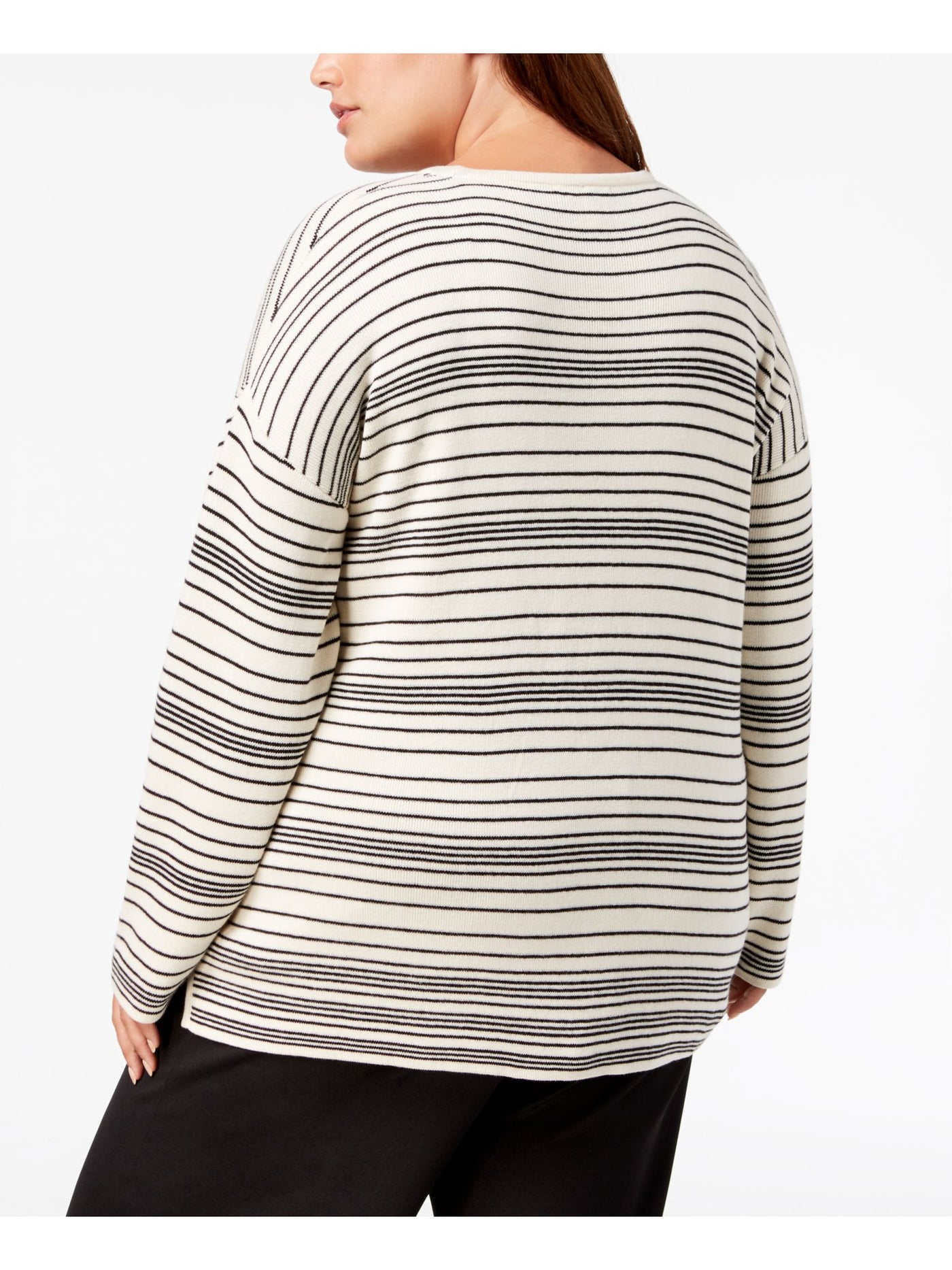 EILEEN FISHER Womens Ivory Ribbed Vented Hem Striped Long Sleeve Jewel Neck Sweater Plus 1X